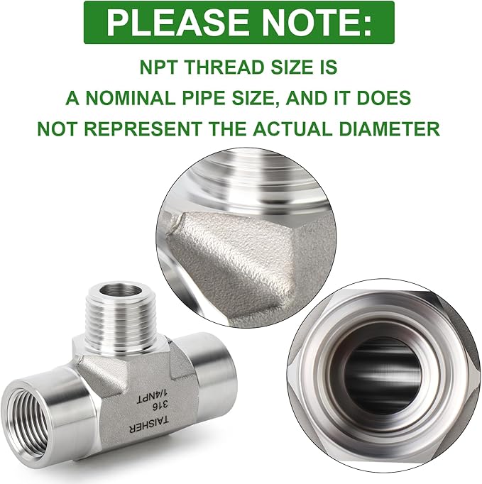TAISHER 1PCS Forging of 316L Stainless Steel Tee Pipe Fittings, 1/4" NPT Female x 1/4" NPT Male x 1/4" NPT Female Pipe Fittings, Male Branch Tee