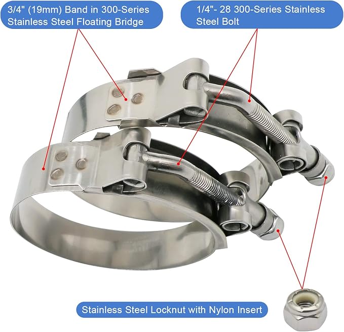 ROADFORMER 83mm - 91mm T-Bolt Hose O.D. Clamp - Clamp Range 3.28" - 3.58" for 3.5" Hose OD, Stainless Steel Bolt, SS Band Floating Bridge and Nylon Insert Locknut (83mm - 91mm, 2 pack)