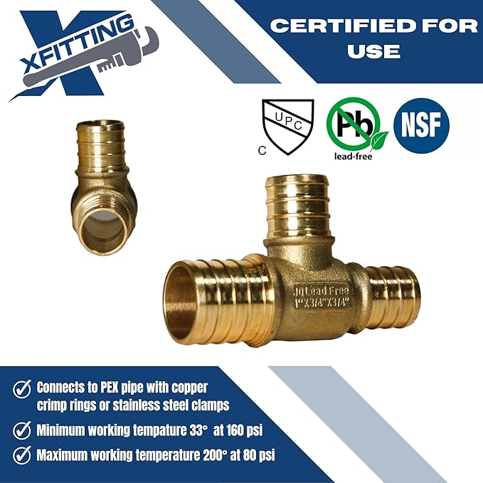 XFITTING 1 inch x 3/4 inch x 3/4 inch Pex Reducing Tee, Pex B Crimp Version 25-1-7=10X, 10 Pieces