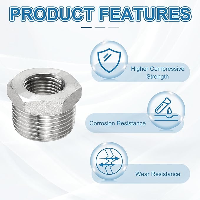 PATIKIL 304 Stainless Steel Reducer Hex Bushing 4 Pcs, 1" BSPT Male to 1/2" BSPT Female Pipe Reducing Adapter Fitting Connector for Water Gas Hydraulic Pipes Shower Hose, Silver