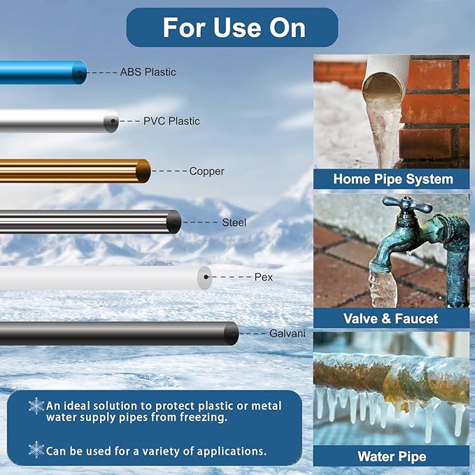 12FT Heat Tape for Water Pipes Freeze Protection IP65 Waterproof 7W/FT 110V BDDFOTO Water Pipe Heat Cable With Thermostat Self-Regulating Pipe Heater for House Garden/RV Camper