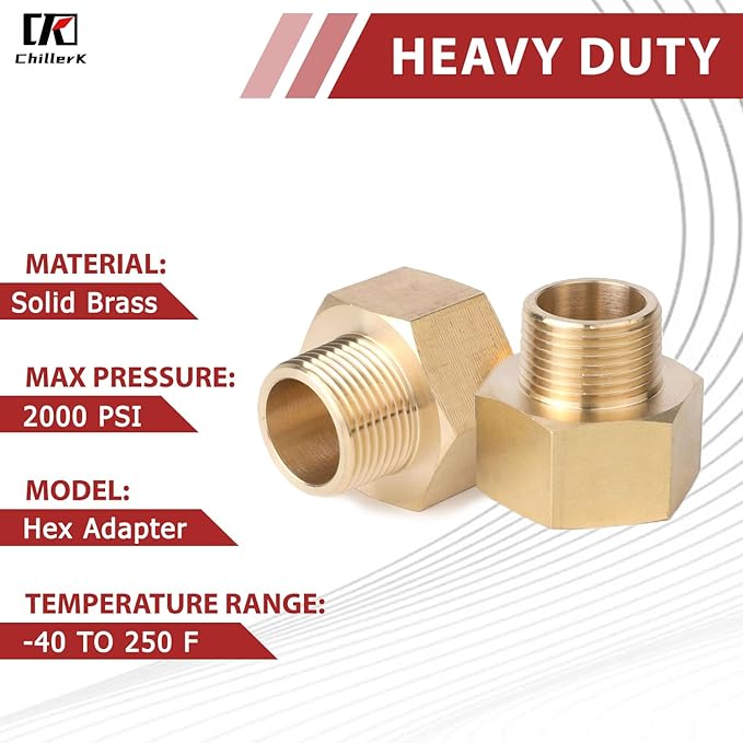 Hex Couplings, 1/2" x 3/4" NPT Male To Female Brass Hex Nipple Adapters, Brass Pipe Extension Fittings for Oil/Air/Water/Gas Systems. (2 Pack)