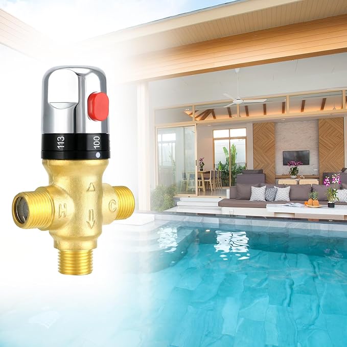 QWORK Thermostatic Mixing Valve, 2 Pack Solid Brass Pipe Water Valve with Temperature Control - 1/2 NPT Male Connections - Includes 3 Adapters, Suitable for Wash Basins, Showers, Kitchens