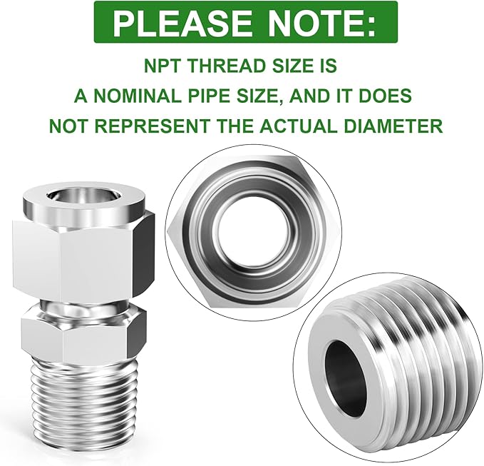 TAISHER 2PCS 304 Stainless Steel Compression Tube Pipe Fitting Connector, 3/8" Tube OD x 3/8" NPT Male Straight Adapter