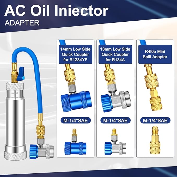 AC Leak Detector Kit, R1234yf R134a R410a AC Oil UV Dye Injector Kit Refrigerant Leak Detector Tool Low Side Quick Coupler Mini Split Adapter Glasses Flashlight(Useful)