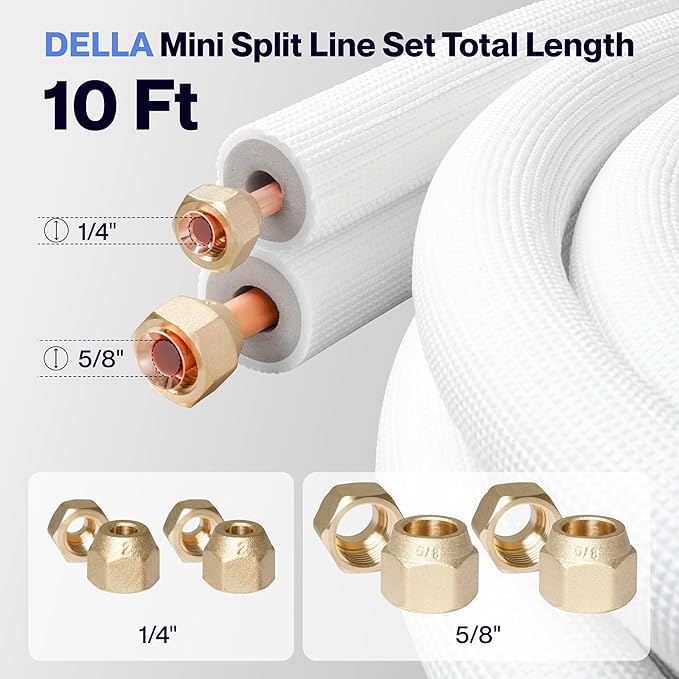 DELLA 10 Ft Mini Split Line Set, Includes 1/4" & 5/8" O.D. Copper Pipes with Flared Nuts and a 3/8" Thick White PE Insulated Coil, Perfect for Mini Split AC and Other HVAC Systems