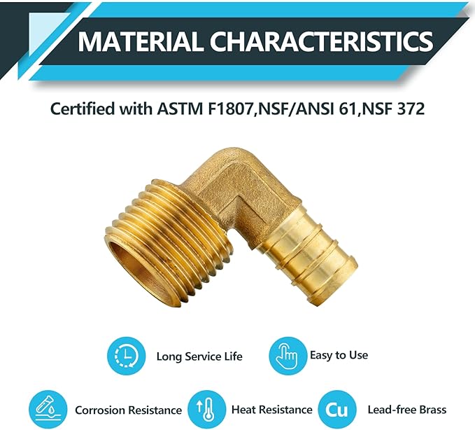 (100-Pack) PEX Fittings, Pex 1/2" x 1/2" Male Threaded NPT Elbow Adapter, Brass Crimp Fittings, for PEX Tubing Pipe Plumbing, ASTM F1807(PEX1807096-100Pack)