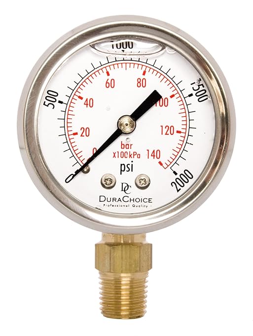 2" Oil Filled Pressure Gauge - Stainless Steel Case, Brass, 1/4" NPT, Lower Mount Connection, 0-2,000PSI