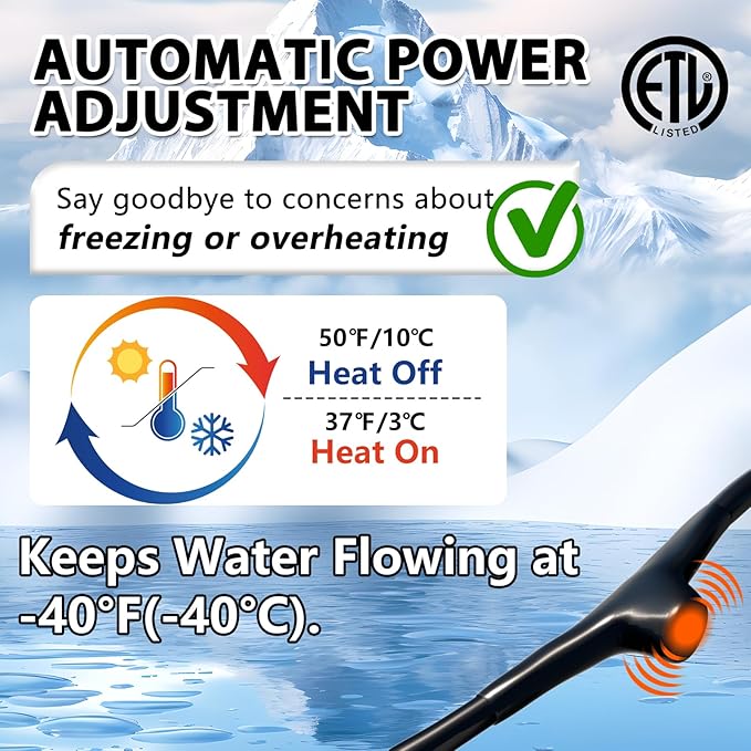 HEATIT 100ft Pipe Heating Cable for Pipe Freeze Protection, Self-Regulating Heat Tape for Water Pipes, Thermostat control, Energy-Saving Heat Cable for Pipes ETL Listed, 120V 3W/ft