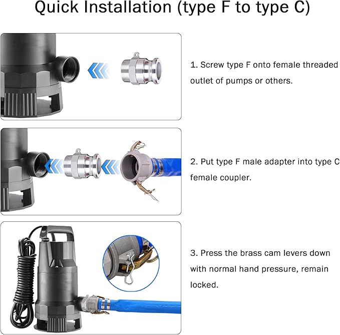 2" ID x 50 ft PVC Lay Flat Discharge Hose with Aluminum Camlock C and E Fittings, Cam Lock Fitting Type F included, Heavy Duty Reinforced Blue Backwash Pump Hoses for Swimming Drain Pools