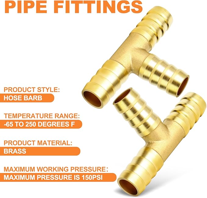 GASHER 10 Pieces Brass Hose Barb Tee, 3-Way Tee Hose Fitting (1/2" x 1/2" x 1/2" Hose Barb)