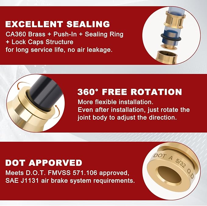 5/32" Quick Push to Connect Fittings Brass Union Straight Joint DOT Approved 5/32" Tube OD x 1/8" NPT Thread Air Line Adapter Air Suspension Kit for Truck Trailers and Air Brake System 4pcs