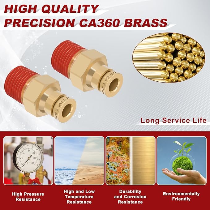 5/32" Quick Push to Connect Fittings Brass Union Straight Joint DOT Approved 5/32" Tube OD x 1/8" NPT Thread Air Line Adapter Air Suspension Kit for Truck Trailers and Air Brake System 4pcs
