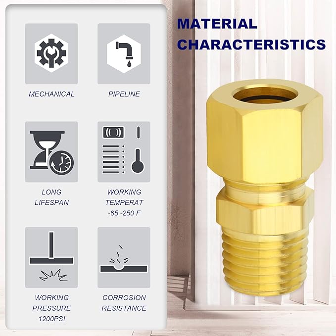 ChillWaves Brass Compression Tube Fitting, 3/16" OD x 1/8" NPT Male Compression Union Connector(10-PACK)