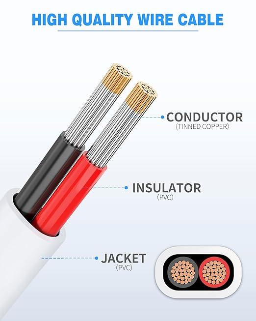 NAOVEO 12 Gauge Wire 2 Conductor Electrical Wire, 12 AWG Stranded PVC Tinned Copper Cable, Flexible/Low Voltage Automotive Wiring for LED Lamps, Marine, Speaker, Appliances (100FT)