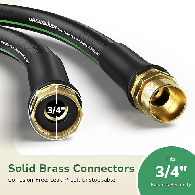 GreatBuddy Garden Hose 100ft, 5/8" Water Hose Heavy Duty, Flexible, Lightweight Hybrid Hose, Burst 600 PSI with Solid Brass Male to Female Fittings Leakproof Hose for Backyard, Garden