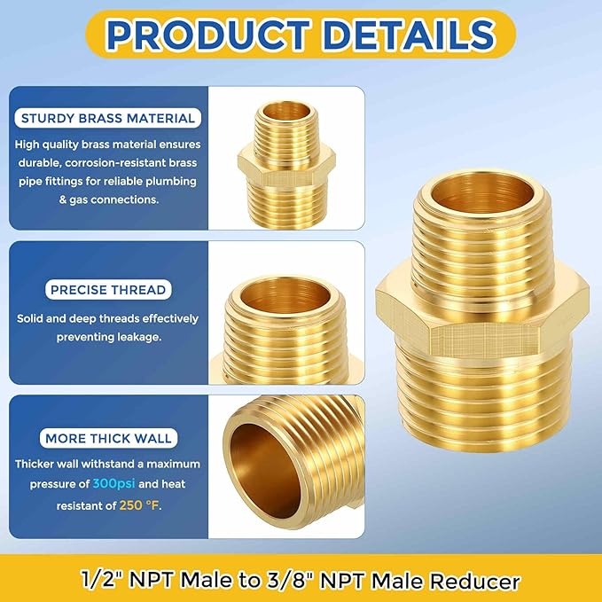 1 Pack Brass Pipe Fittings, 1/2" NPT Male to 3/8" NPT Male Brass Hex Nipple, Male Pipe Adapter Reducer for Air, Oil, LP