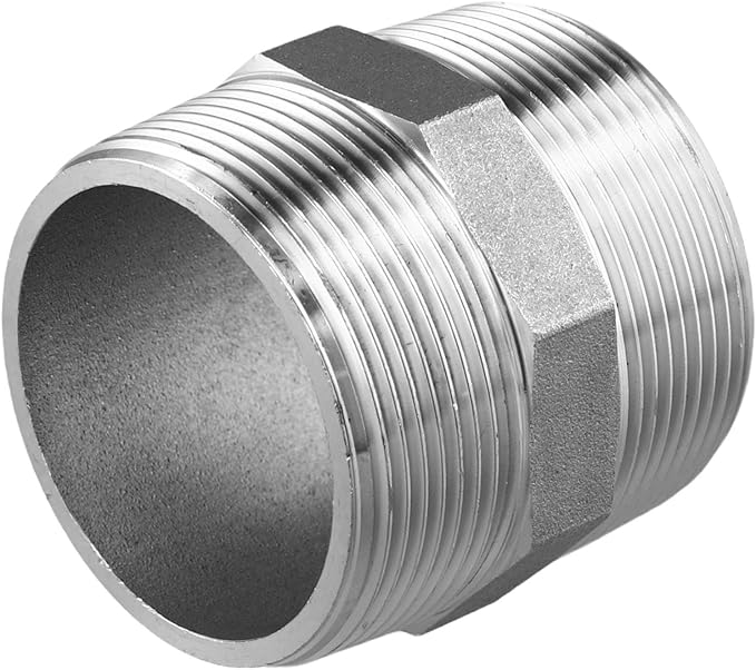 Hex Nipple 2 Inch Male x Male 304 Stainless Steel Threaded Pipe Fitting, Resistant Plumbing Connector for Water, Gas and Air Systems