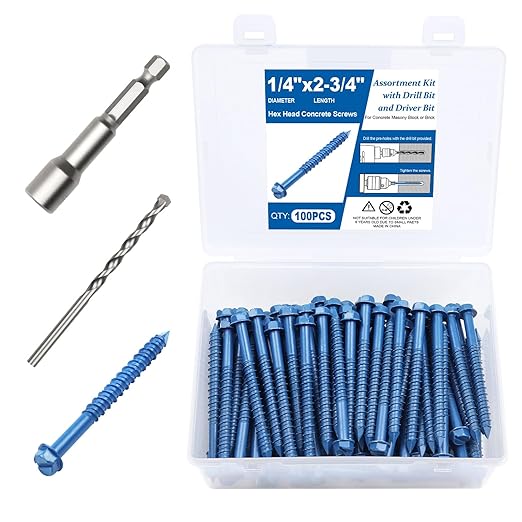 100PCS Concrete Screws Assortment Kit, 1/4" x 2-3/4" Masonry Screws with Drill Bit and Driver Bit, Hex Head Cement Screws and Anchor, Diamond Point, Self Tapping Concrete Brick or Stucco, Blue Coated