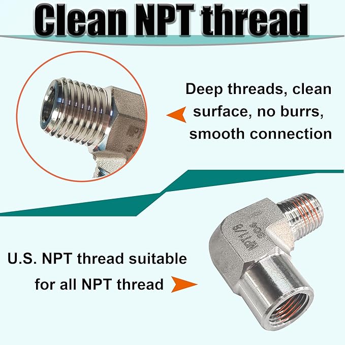 2pcs 90 Degree Street Elbow, 304 Stainless Steel Forged Barstock Street Elbow Adapter, Heavy Duty 5800PSI 1/4" NPT Female x 1/4" NPT Male Pipe Fitting Connector (1/4" MNPT x 1/4" FNPT)