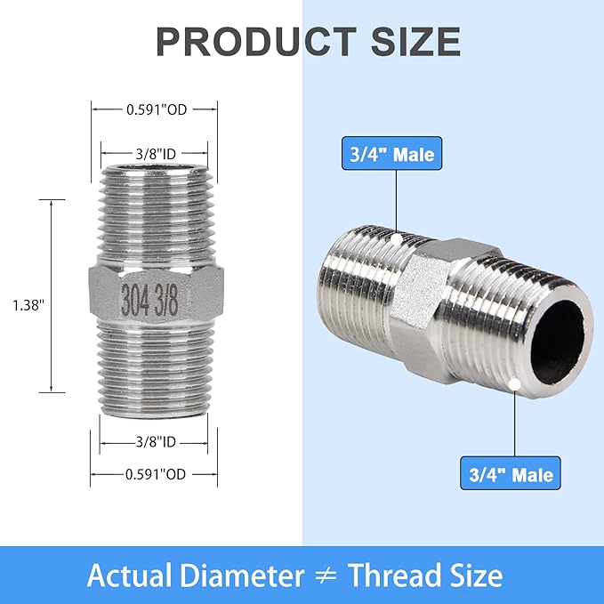 2Pcs 1/4" Male Hex Nipple Pipe Fittings, 304 Stainless Steel Threaded Adapter Fittings, 1/4-inch Male Equal Nipples Connectors, Male Straight Threaded Pipe Fitting