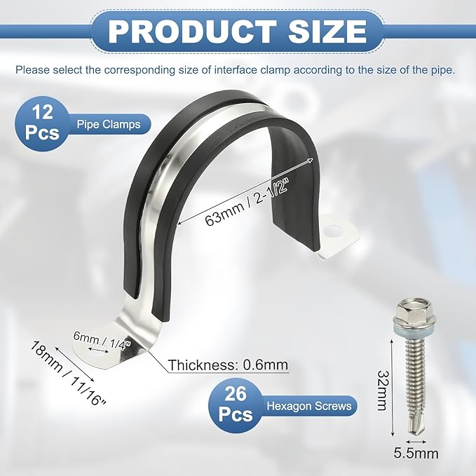 PATIKIL 12Pcs Pipe Clamps, 2-1/2 Inch 304 Stainless Steel Rubber Cushioned U Bracket Conduit Clamps Pipe Strap Wire Clips with Hexagonal Screw for Tube Hose Cord Installation, 63mm