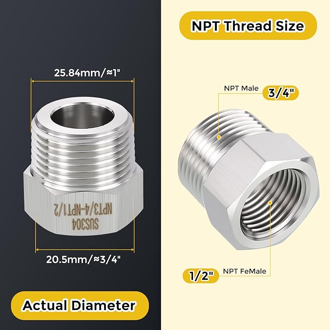 METALLIXITY 3PCS 3/4" Male NPT x 1/2" FeMale NPT Thread 304 Stainless Steel Hex Bushing Extension Tube Adapters Convert for Water Tub Spout/Shower