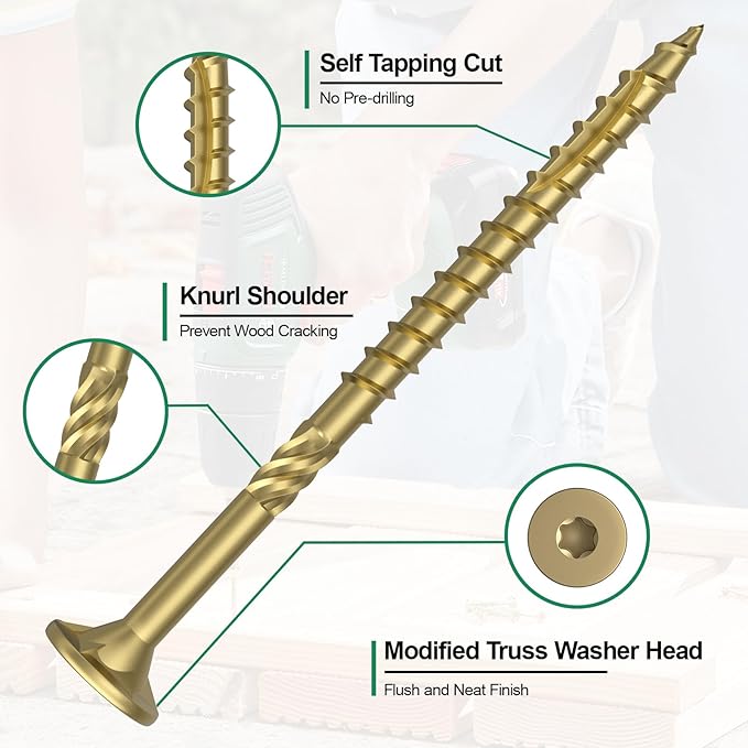 #10 x 2-1/2” Deck Screws, 108Pcs Star Drive Wood Screws, Rust Resistant Timber Screws for Timber/Log/Landscaping Wood, T25 Star Bit Included, Gold