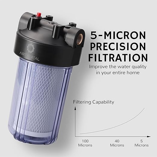 Airthereal Whole House Water Filter Clear Housing, 10" x 4.5" Sediment Carbon Cartridge Universal Housing, Pre-Filtration System for Well and City Water, 3/4" NPT Port, Includes 1-Pack CTO Filter