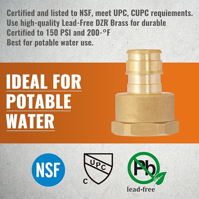 SUNGATOR 12 Pack Pex A Expansion 1/2" x 1/2" Female NPT Adapter Brass Fitting, No Lead Brass, ASTM F1960 ONLY For Pex-A Tubing