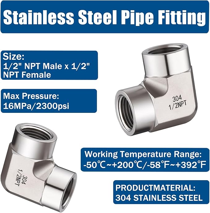 Stainless Steel Pipe Fitting,90 Degree Barstock Street Elbow, 1/2" NPT Female x 1/2" NPT Female (Pack of 2)
