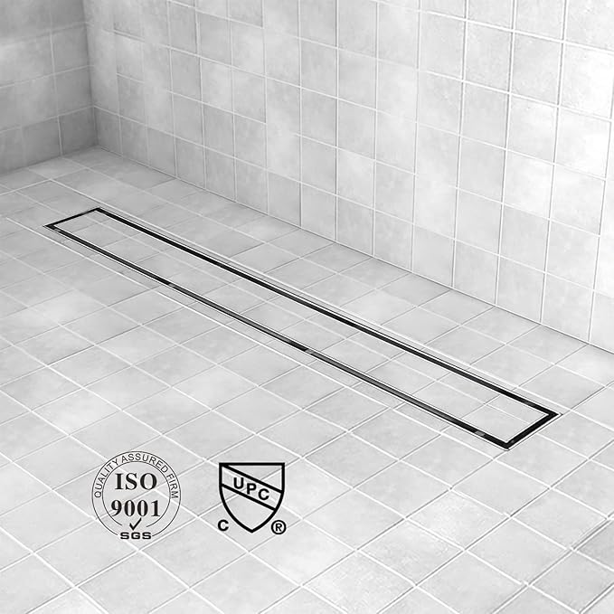Linear Shower Drain, 24 inch Drain with Tile Insert 2-in-1 Panel, Brushed 304 Stainless Steel Shower Floor Drain, Linear Drain with Hair Strainer and Adjustable Feet