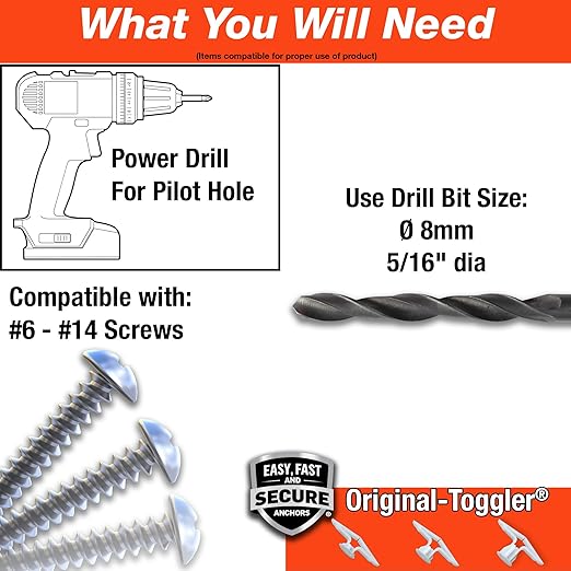 TOGGLER Toggle TB Residential Drywall Anchor, Polypropylene, Made in US, 3/8" to 1/2" Grip Range, For #6 to #14 Fastener Sizes (Pack of 100)