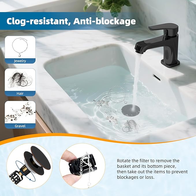 Hibbent Upgraded 3 in 1 Bathroom Sink Drain Strainer, Pop Up Sink Stopper with Big Push Cap, Anti-Clogging Metal Filter Basket,Sink Plug with Hair Catcher for 1.1''~2.36'' Basin, Oil-Rubbed Bronze
