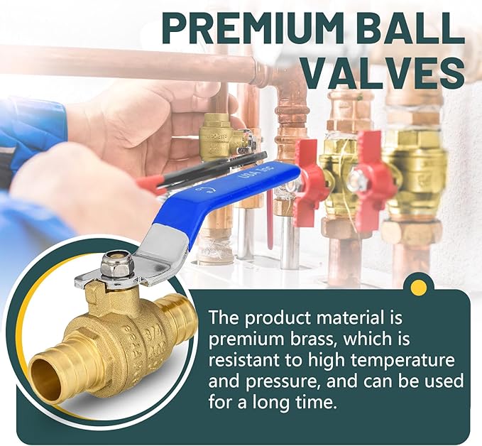 100 Pack Ball Valves, 3/4" Pex Crimp Shut Off Valve Blue, Brass Full Port Pex B Shut Off Ball Valve for Hot and Cold Water, NSF/ANSI 61 Certified