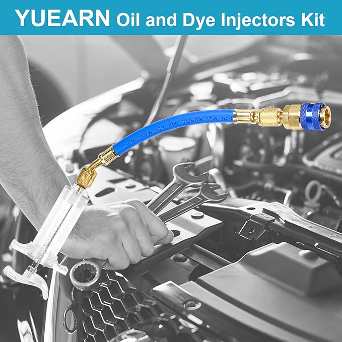 Oil and Dye Injectors Kit Hand Push Compressor Ac Oil Injector Kit with Quick Coupler 1/4 SAE Connector Car ac Leak Detector Kit