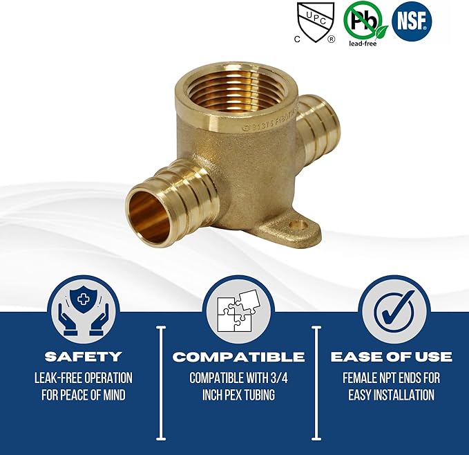 XFITTING Barb Crimp Pex 3/4 inch x 3/4 inch x 3/4 inch Female NPT Tee, Pex Female NPT Tee, 26-2-6=5XX, 5 Pieces