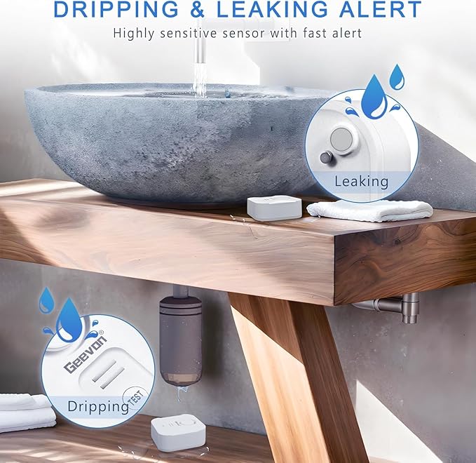 Geevon 10 Pack Water Leak Detectors for Home, 100dB Water Sensor Alarm Flood Leakage Detection Devices for Bathroom, Basements, Laundry Rooms, Kitchen, IP56 Waterproof(Battery＆Screwdriver Included)