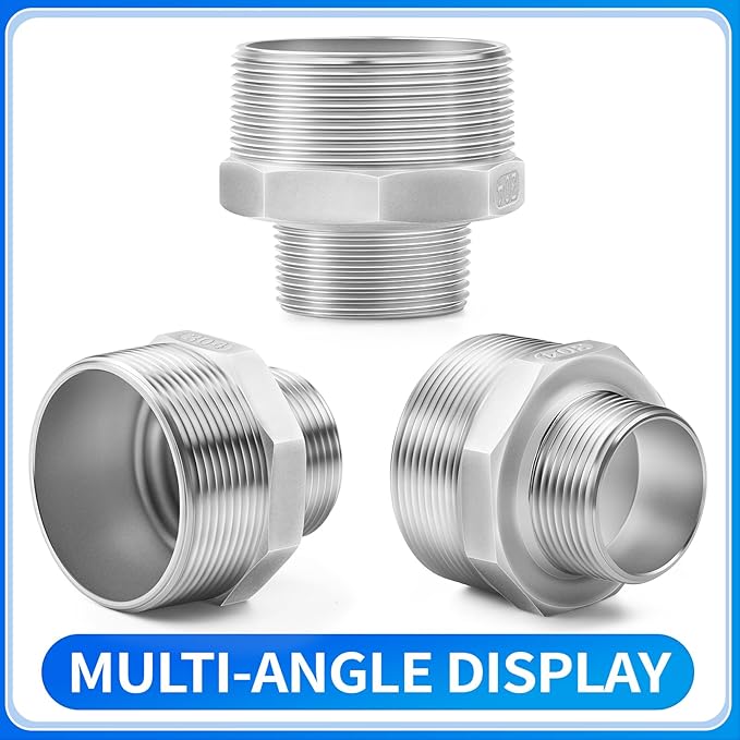 ChillWaves 304 Stainless Steel Pipe Fitting, Reducer Hex Nipple 1-1/2" NPT Male x 1-1/4" NPT Male Thread Adapter(2-PACK)