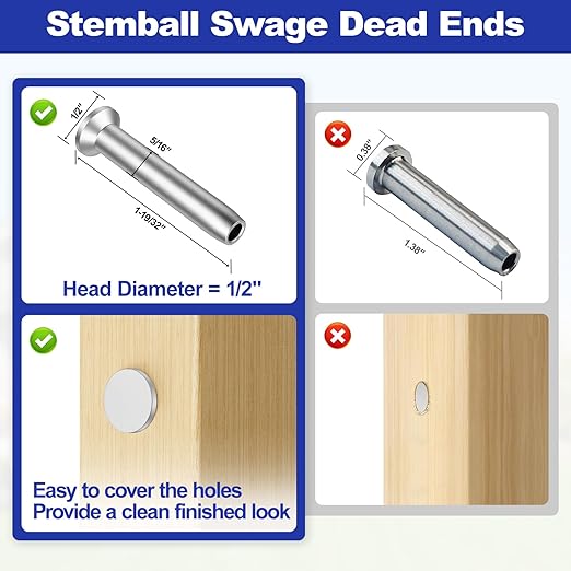BLIKA 20Pack 3/16" Stainless Steel Stemball Swage Dead Ends for Deck Cable Railing, Invisible Cable Railing Hardware for Wood/Metal Posts, 3/16" Stemball Swage Terminal