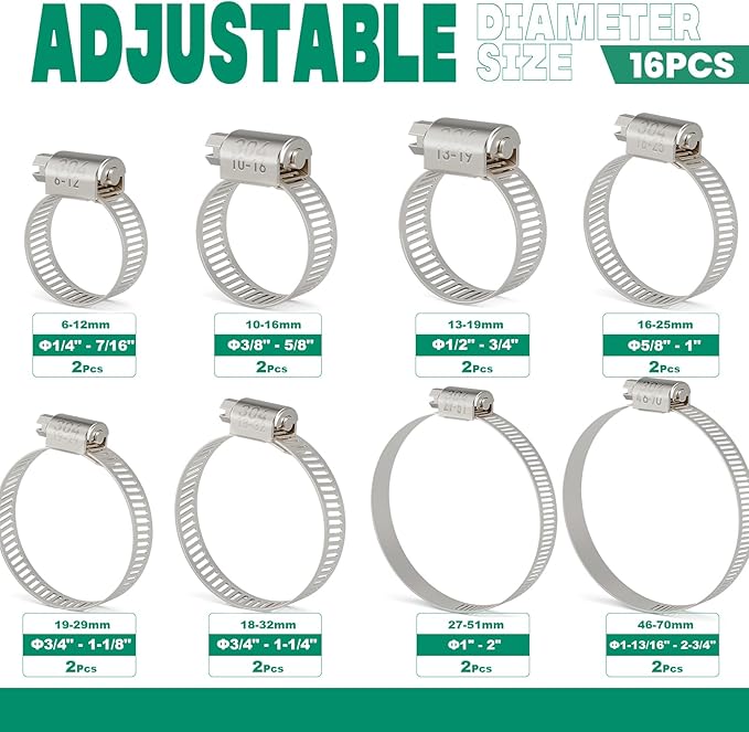 16PCS Hose Clamps Stainless Steel Adjustable 1/4"– 2-3/4"(6-70mm) Worm Gear Hose Clamp, Heavy Duty Metal Small Hose Clamps for Automotive, Pipe, Radiator Plumbing, Fuel Line
