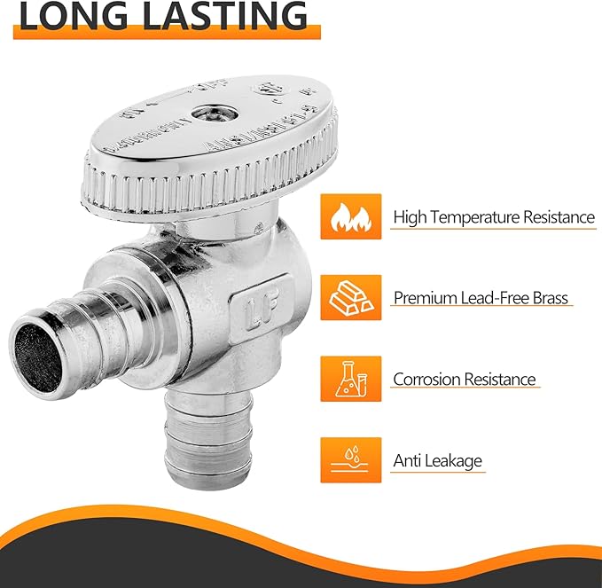10-PCs Pex Barb Crimp Angle Stop Valve, 1/2" x 1/2" PEX Angle Stop, 1/4 Turn Shut Off Valve for Bathroom, ASTM F1807 (VALVE102-10)