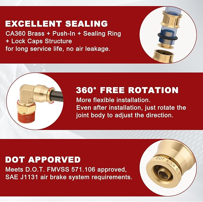 1/4" Quick Push to Connect Fittings Brass 90 Degree Union Swivel Elbow Joint DOT Approved 1/4" Tube OD x 1/4" NPT Thread Air Brake Line Adapter Air Suspension Kit for Car Truck Trailers 5pcs