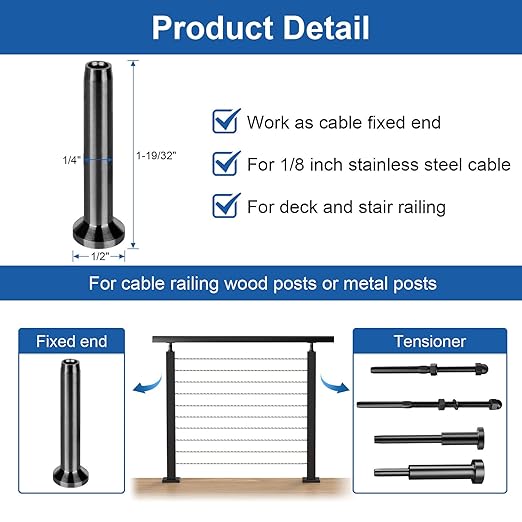 BLIKA 20Pack 1/8" Stainless Steel Black Stemball Swage Dead Ends for Deck Cable Railing, Invisible Cable Railing Hardware for Wood/Metal Posts, Stemball Swage Terminal, 1/8" Cable Railing End Fittings