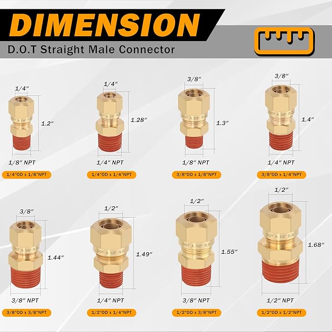 5PCS 1/2" Tube OD x 1/2" NPT Thread Connect Fittings Brass Union Straight Joint DOT Approved, Air Line Adapter Air Suspension Kit for Truck Trailers and Air Brake System