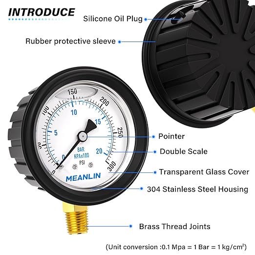 MEANLIN MEASURE 0~300Psi Stainless Steel Liquid Filled Pressure Gauge 1/4" NPT 2.5" FACE DIAL with Rubber Protective Sleeve, Lower Mount
