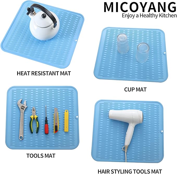 Silicone Dish Drying Mat for Multiple Usage,Easy clean,Eco-friendly,Heat-resistant Silicone Mat for Kitchen Counter or Sink,Refrigerator or Drawer Liner Light Blue 2XL 24 inches x 18 inches