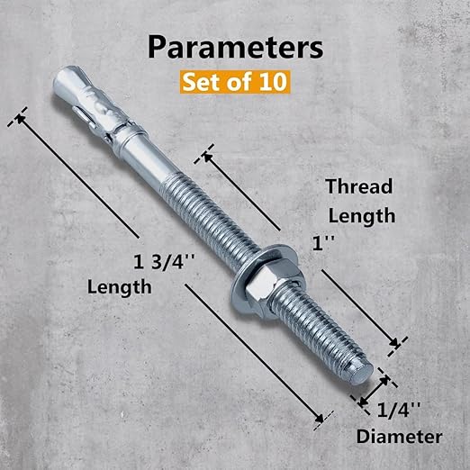 Party Animals 1/4 x 1-3/4 Inch Wedge Anchor, 10 PCs Zinc-Plated Industrial Anchor Bolts for Cement, Concrete