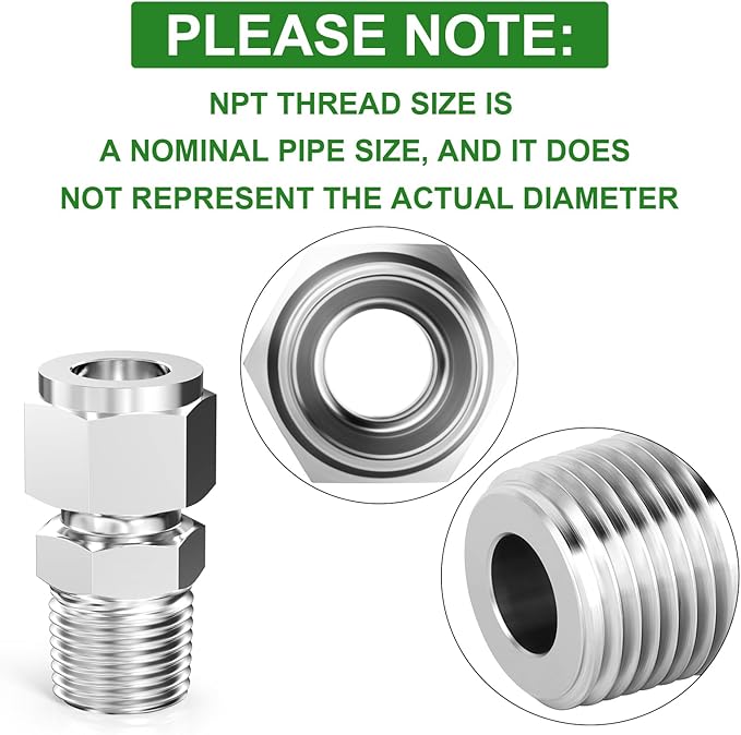 TAISHER 2PCS 304 Stainless Steel Compression Tube Pipe Fitting Connector, 1/2" Tube OD x 3/8" NPT Male Straight Adapter