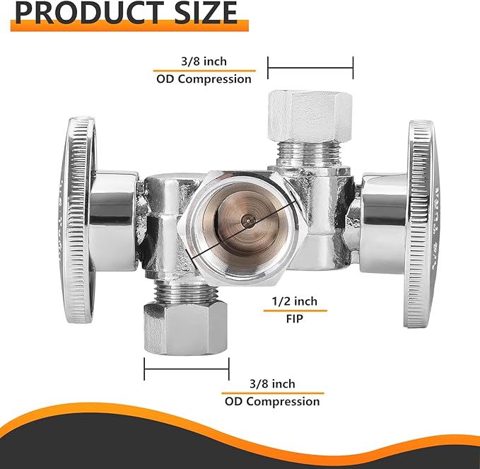 20-PCs HeSun Dual Shut Off Angle Valve, 1/2" FIP x 3/8" OD x 3/8" OD Compression, 1/4-Turn Stop Valve with 2 Shut Offs, PEX Chrome Plated Brass(VALVE140-20)